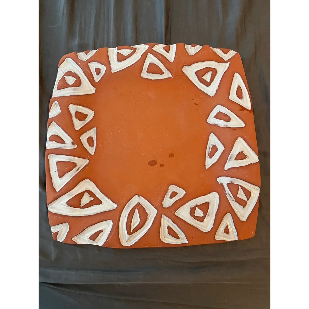 A. Mallory California Large 16" Square Pottery Platter Orange Tribal Vintage Ann